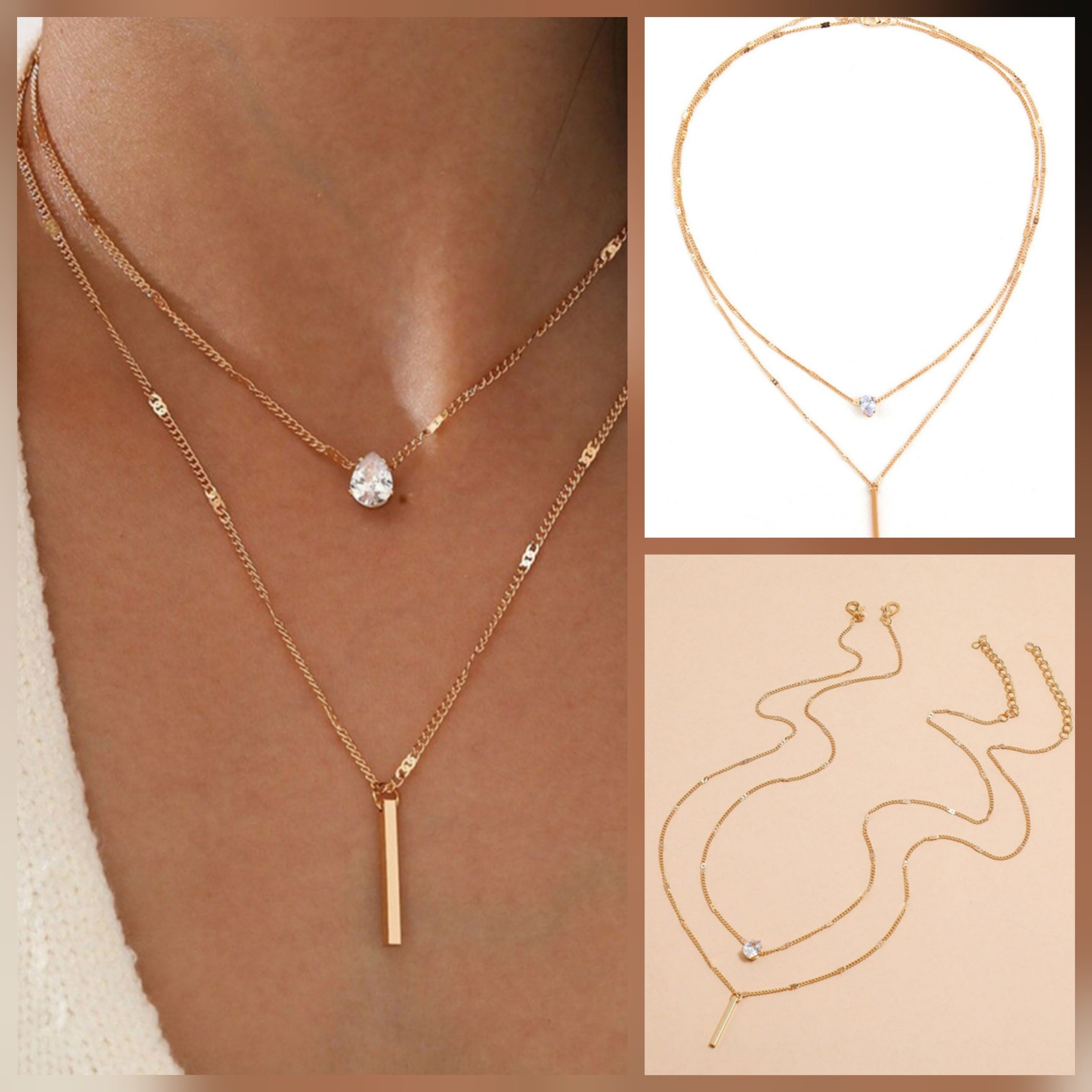 Layered Gold Rhinestone Pendant Necklace Set