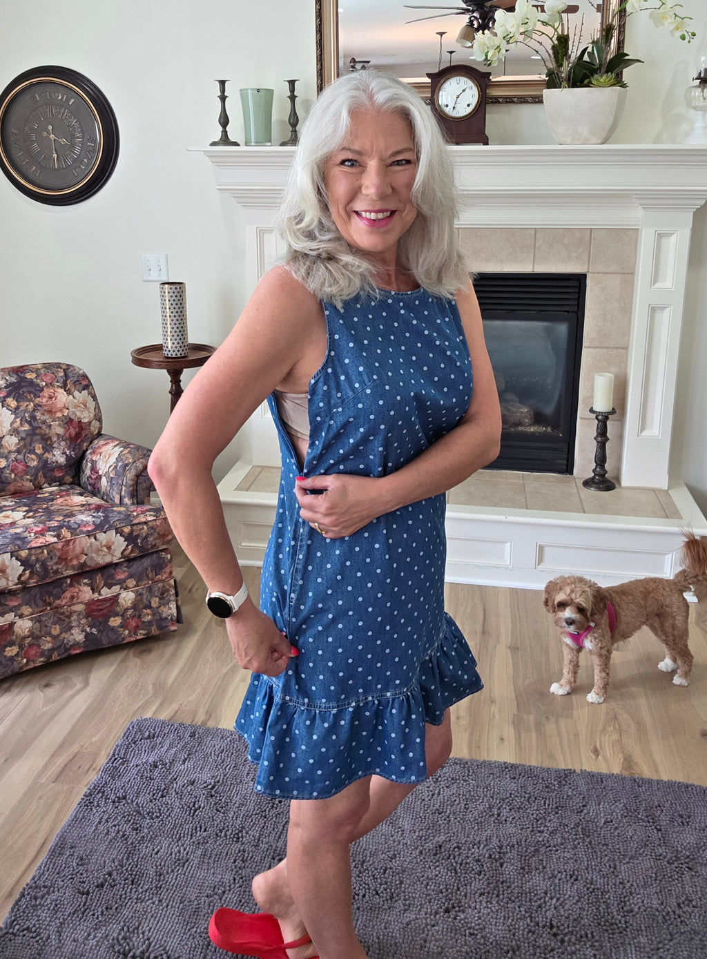 Polka Dot Denim Sleeveless Dress