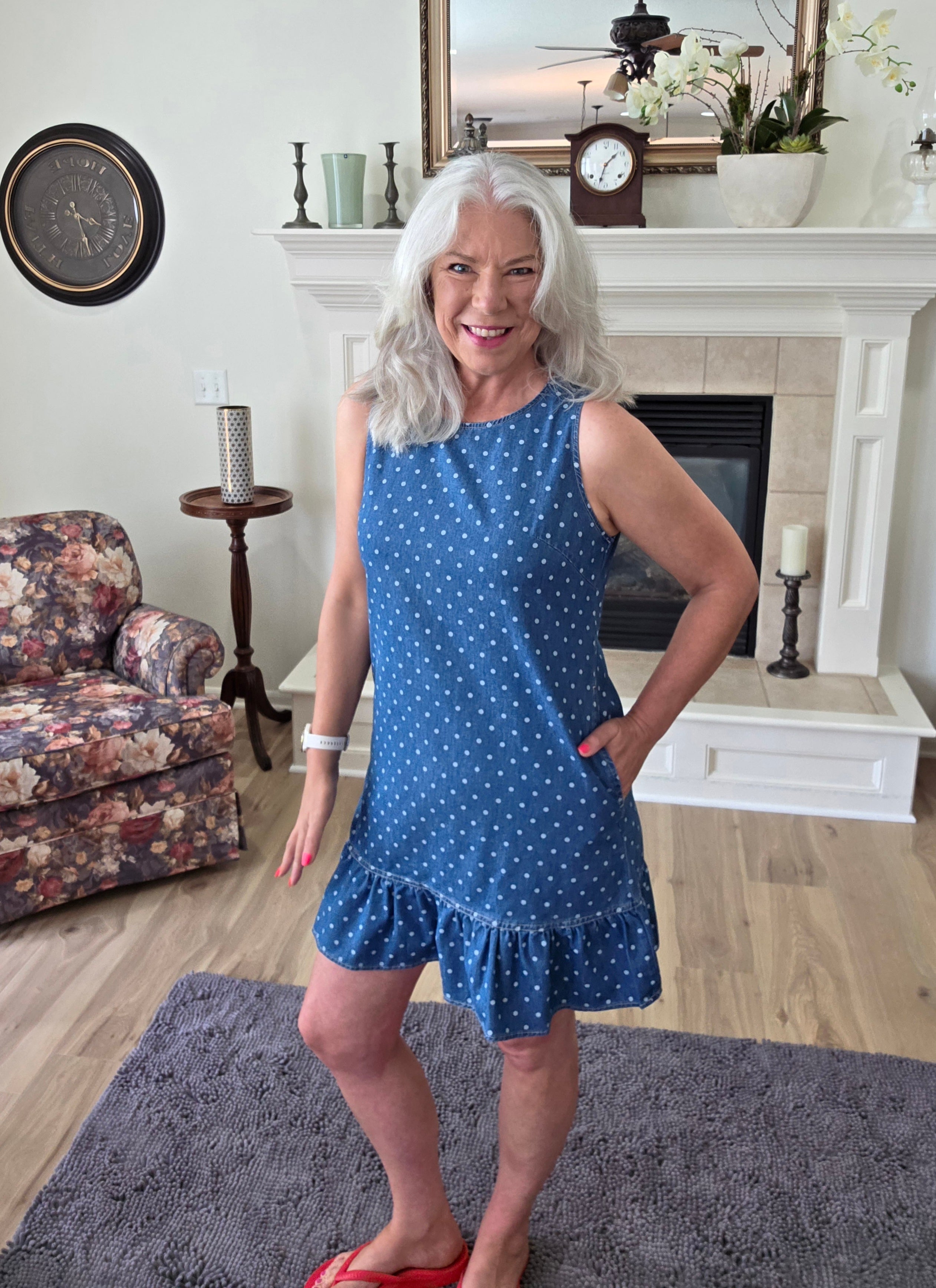 Polka Dot Denim Sleeveless Dress