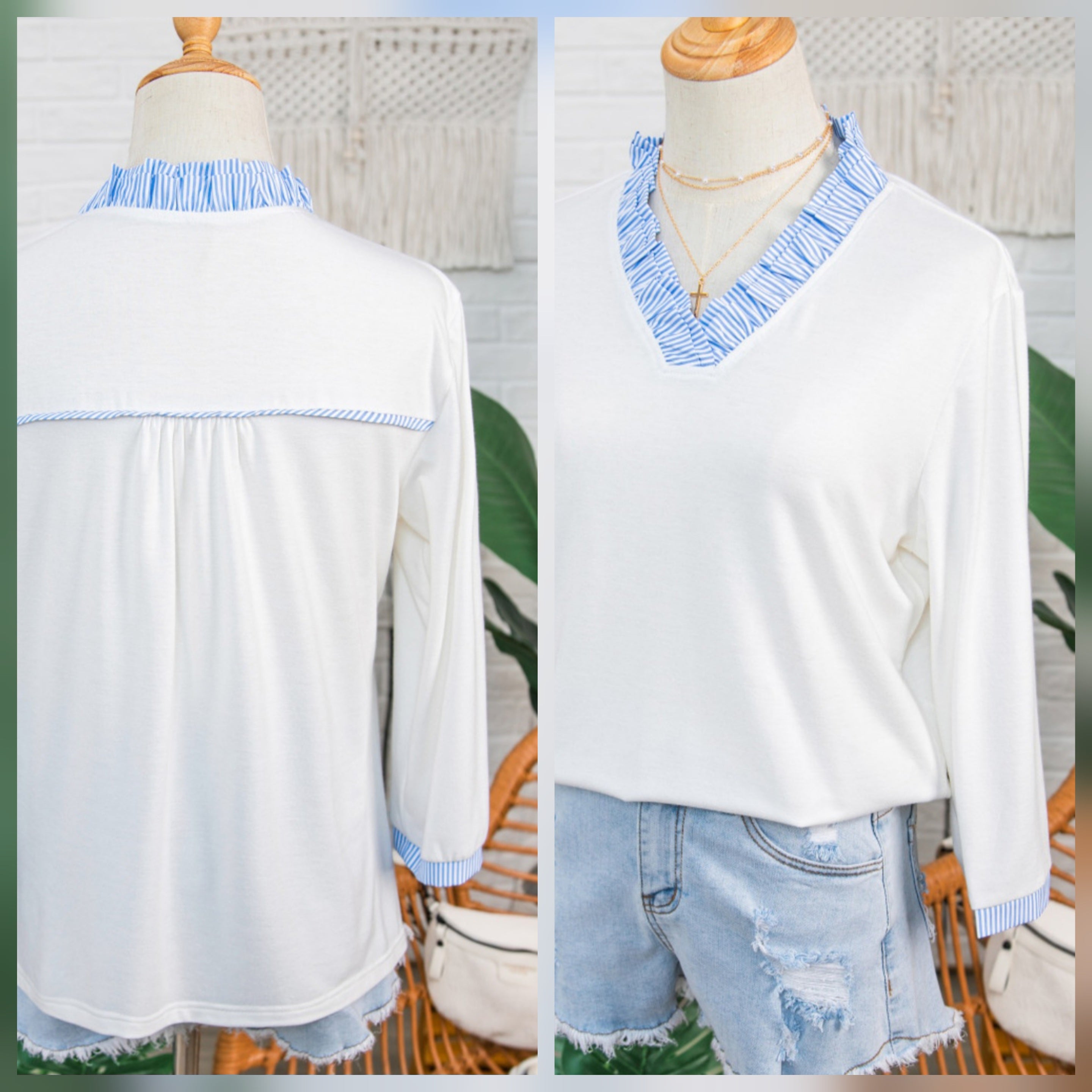 3/4 Sleeve White Top with Stripe Trim *PREORDER*