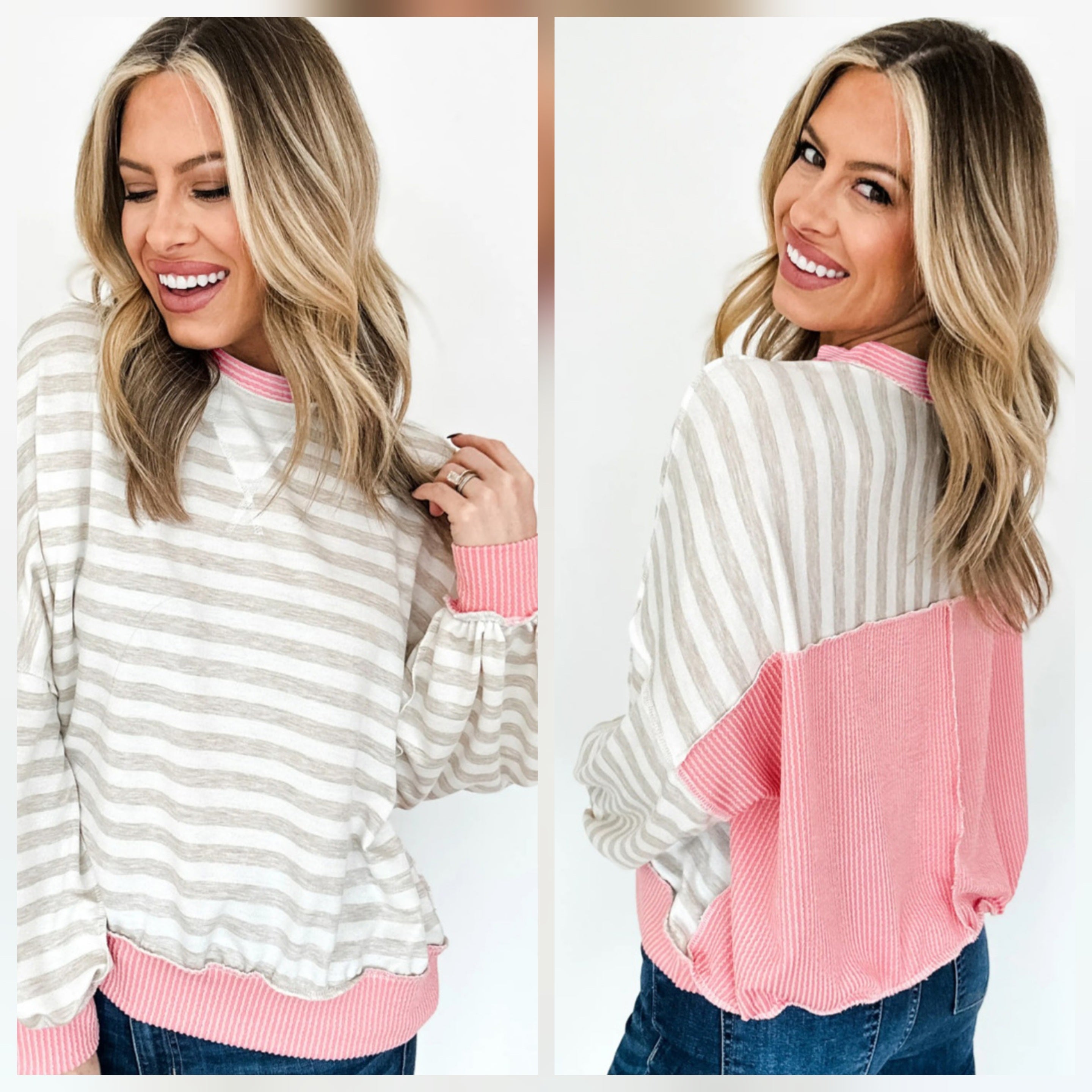 Grey Stripe Pink Ribbed Top *PREORDER*