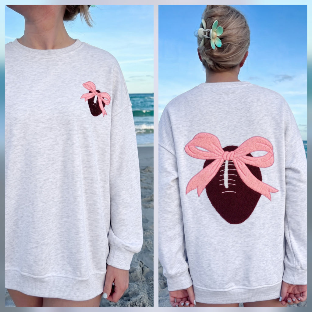 Chenille Embroidered Front/Back Football with Pink Bow Pullover *PREORDER*