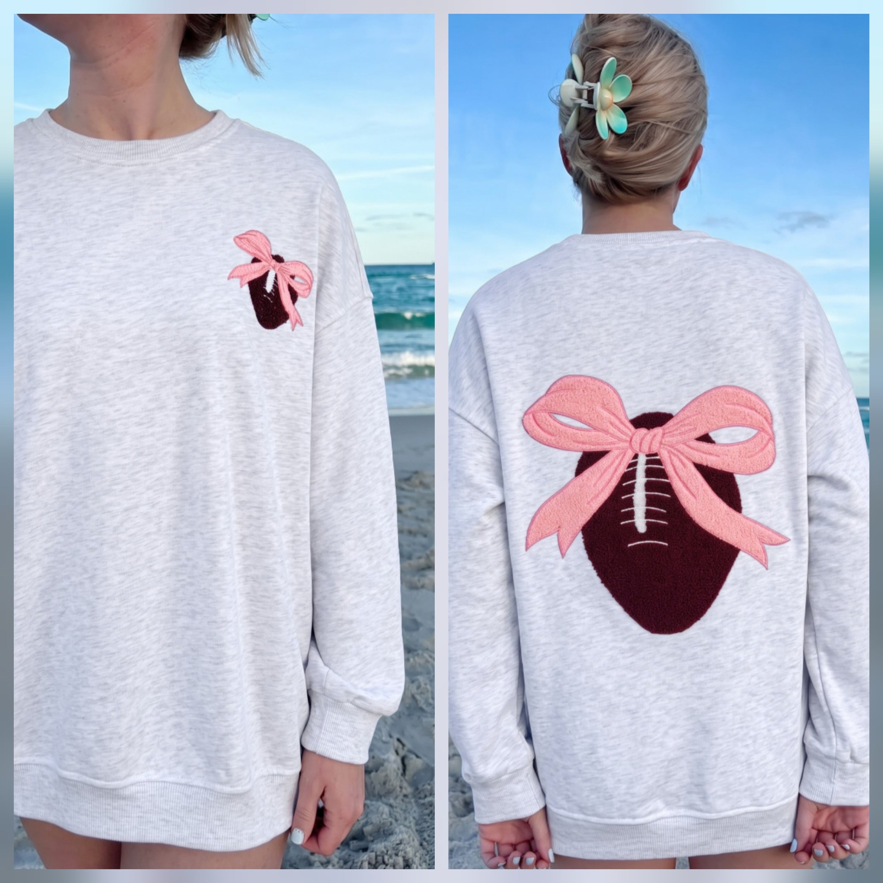 Chenille Embroidered Front/Back Football with Pink Bow Pullover *PREORDER*