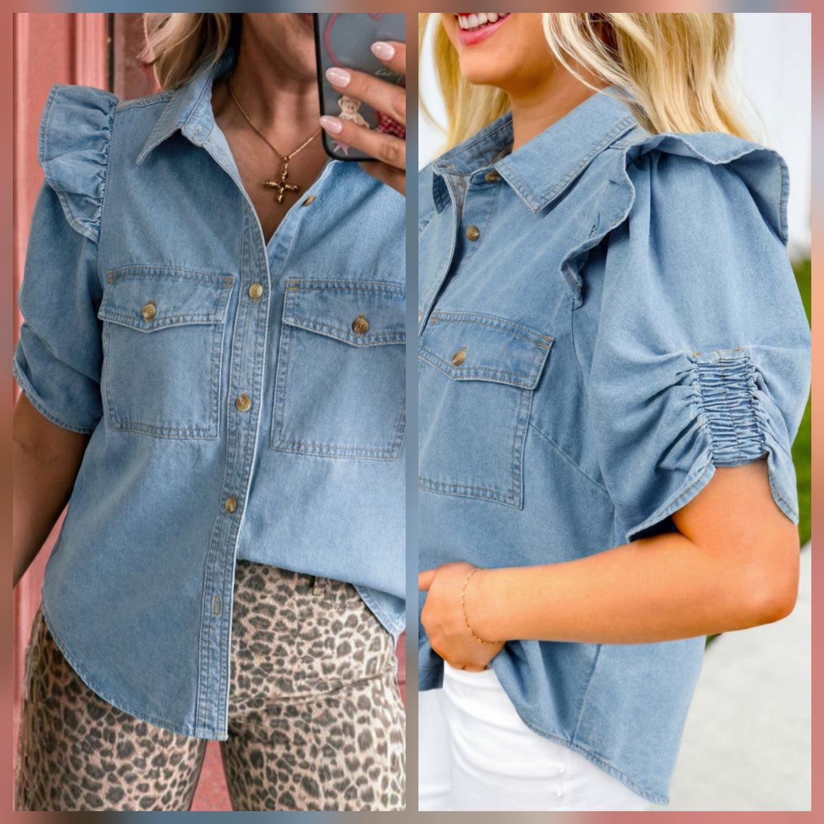 Ruffle Sleeve Chambray Top *PREORDER*