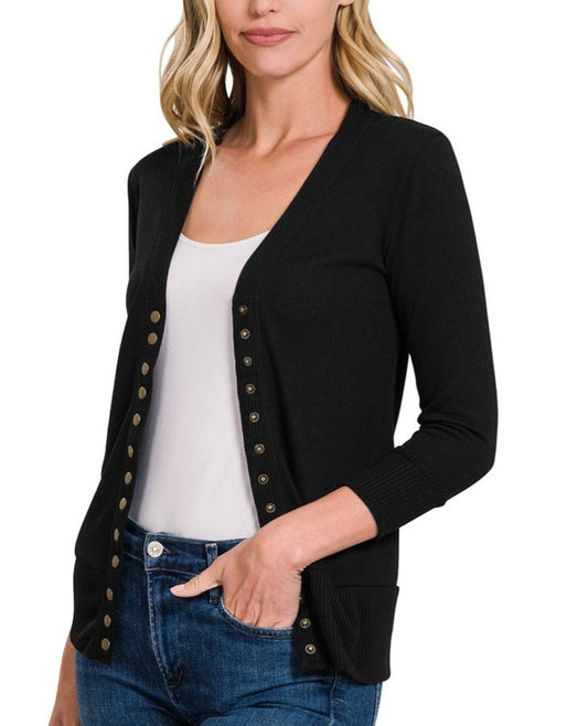 3/4 Sleeve Snap Cardigan Black