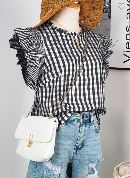 Black Gingham Ruffle Sleeve Top