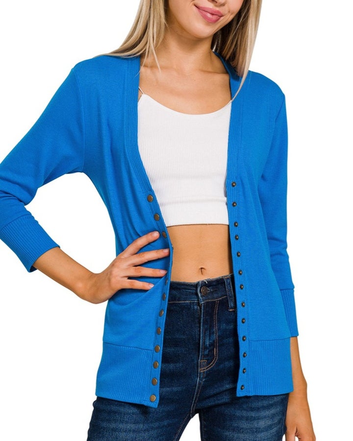 3/4 Sleeve Snap Cardigan Blue