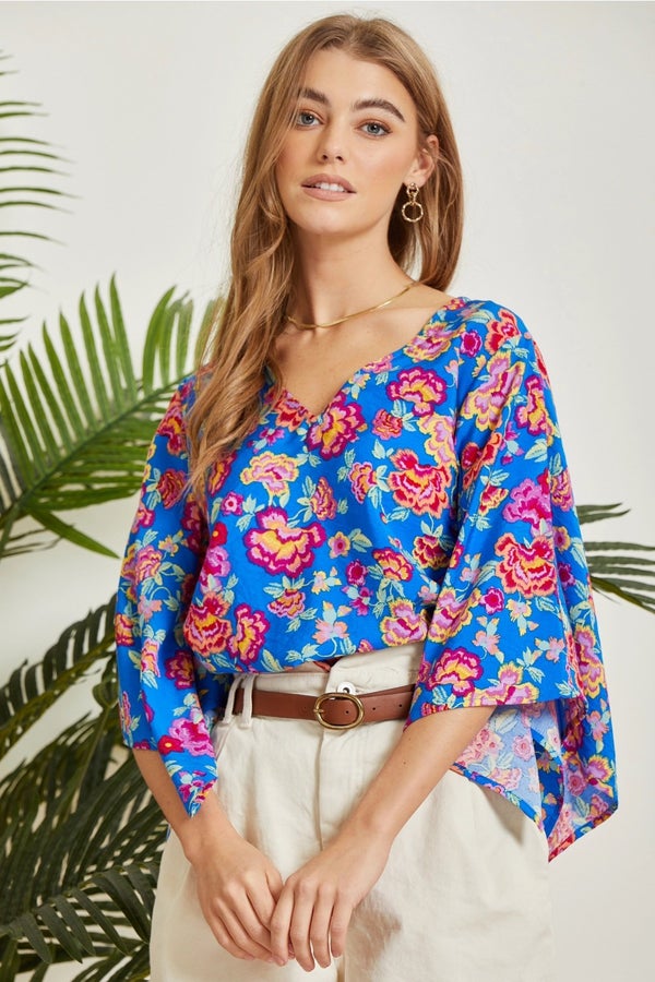Royal Floral Angel Wing Sleeve Blouse