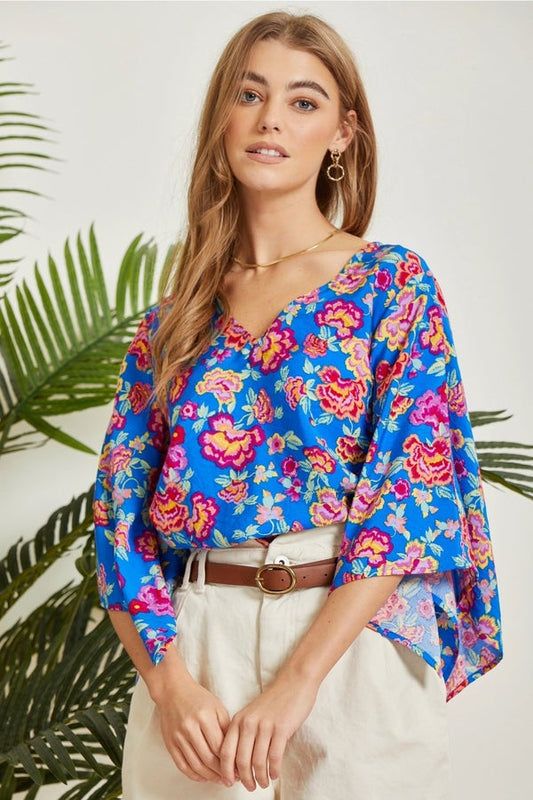 Royal Floral Angel Wing Sleeve Blouse