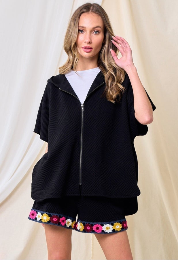 Textured Hooded Short Sleeve Jacket