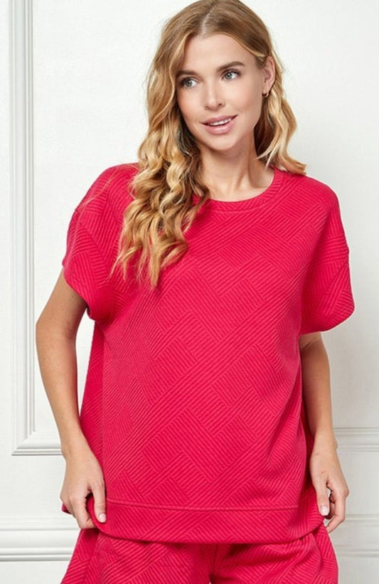 Textured Short Sleeve Top Barbie Pink