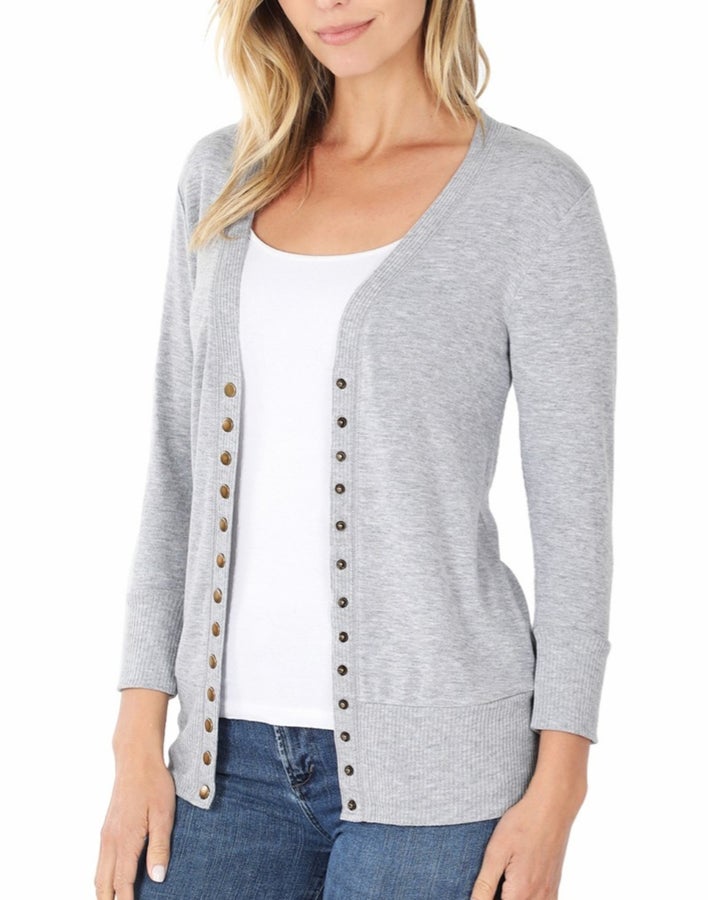 3/4 Sleeve Snap Cardigan H Grey