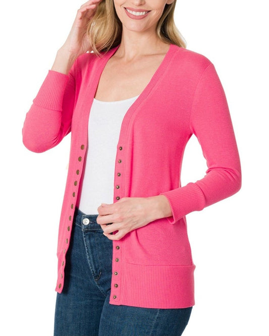 3/4 Sleeve Snap Cardigan Fuchsia