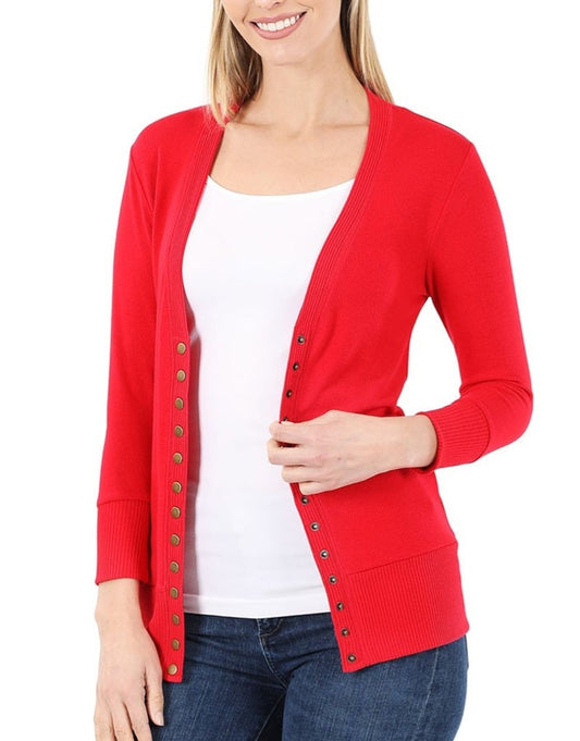 3/4 Sleeve Snap Cardigan Red