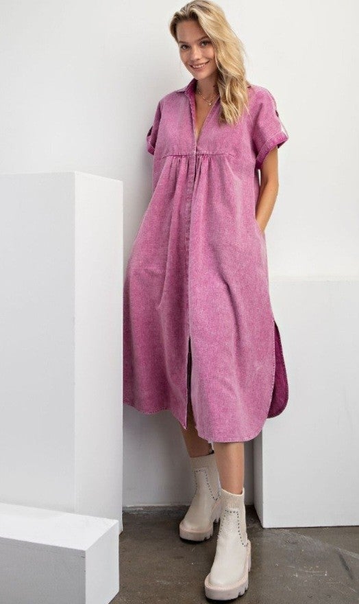 Easel Linen Blend Short Sleeve Midi Dress Orchid