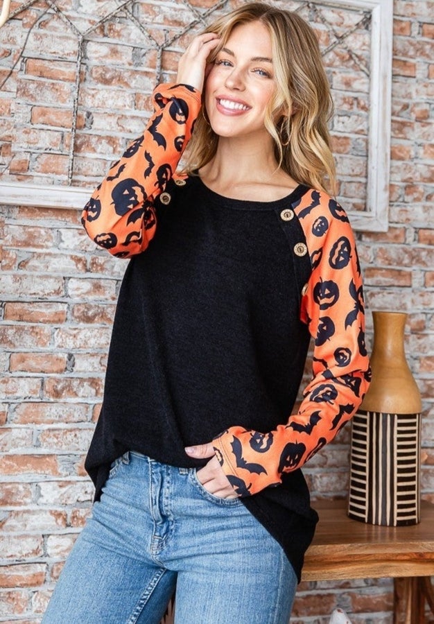 Jack-O-Lantern Sleeve Sweater Button Top