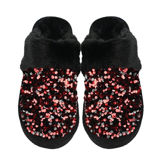 Sequin Faux Fur C.C Slippers Red