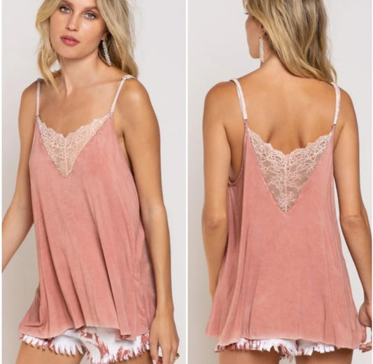 POL Acid Wash Lace Cami Guava