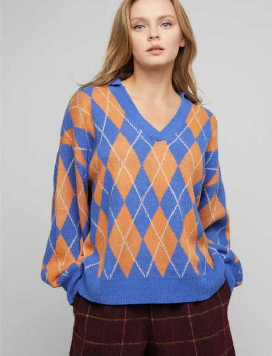 Davi & Dani Collared Argyle Sweater Blue/Orange