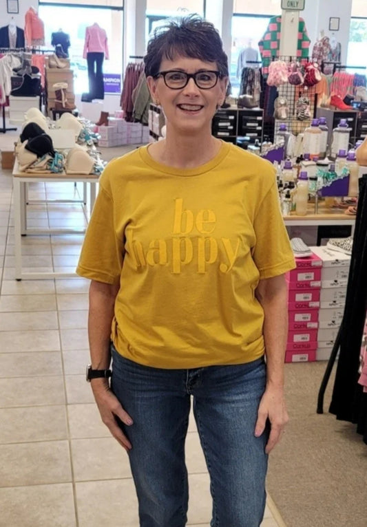 Be Happy Puff Print Mustard Tee