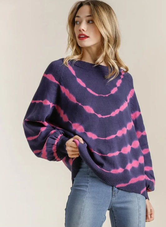 Umgee Tie Dye Sweater Navy/Fuchsia