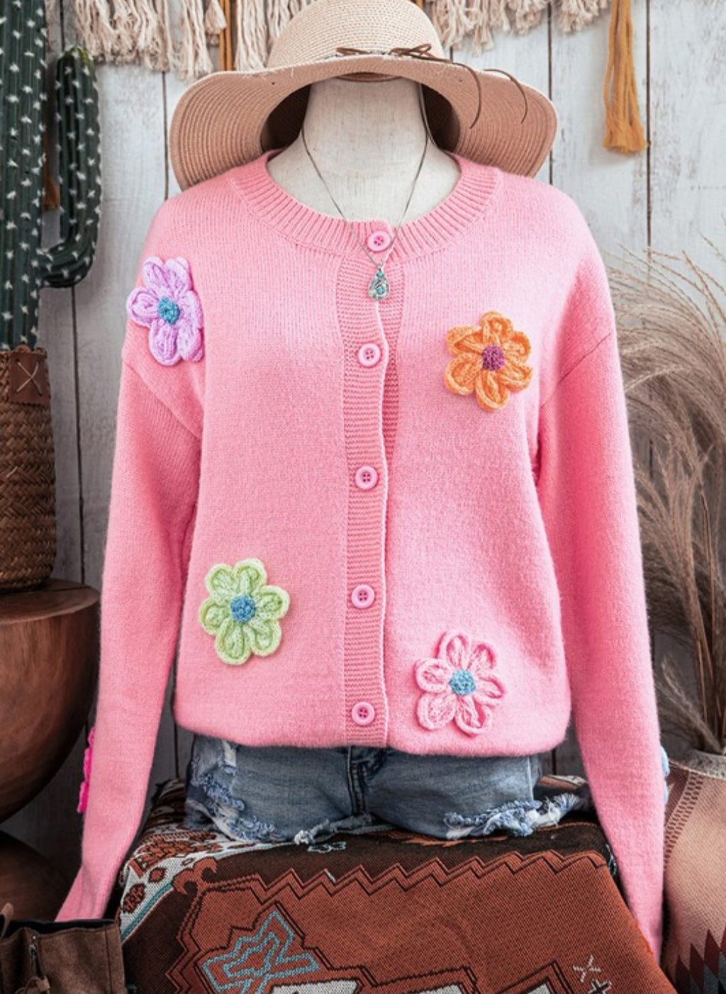 Crochet Flower Pink Cardigan Sweater