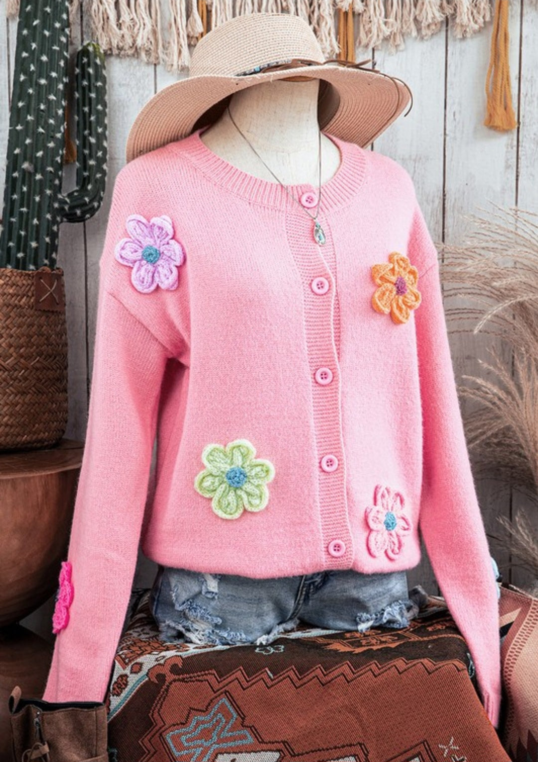 Crochet Flower Pink Cardigan Sweater