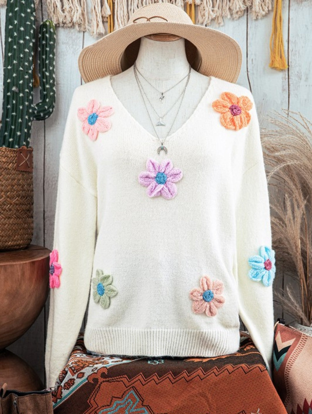 Crochet Flower Cream Pullover Sweater