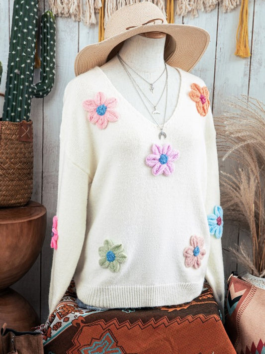 Crochet Flower Cream Pullover Sweater