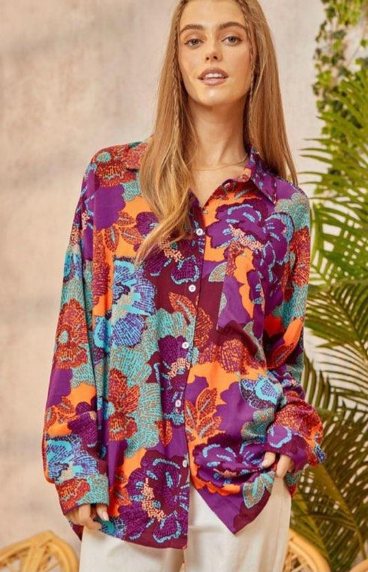Sierra Button Up Magenta Floral