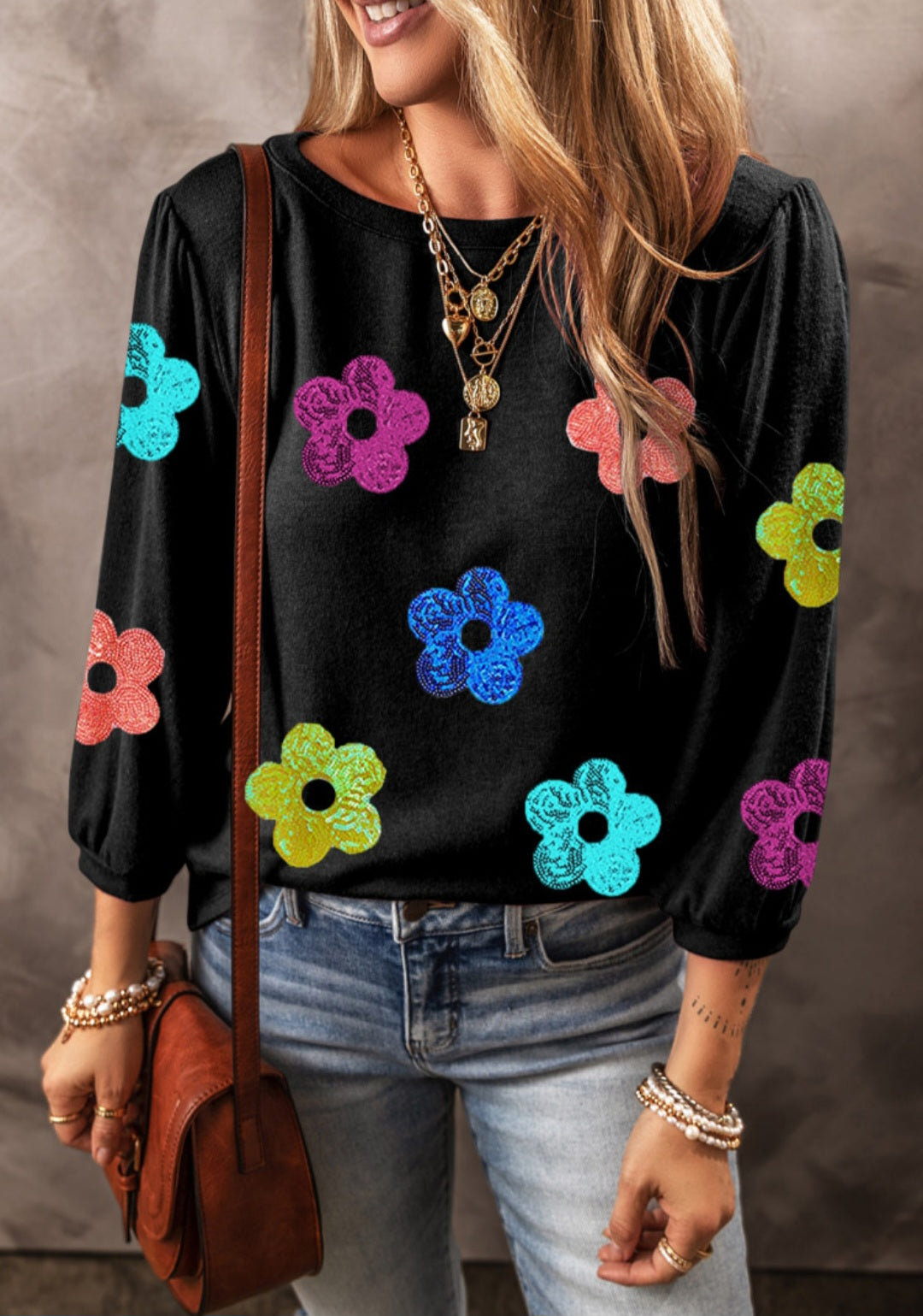 Sequin Floral Puff Sleeve Top Black