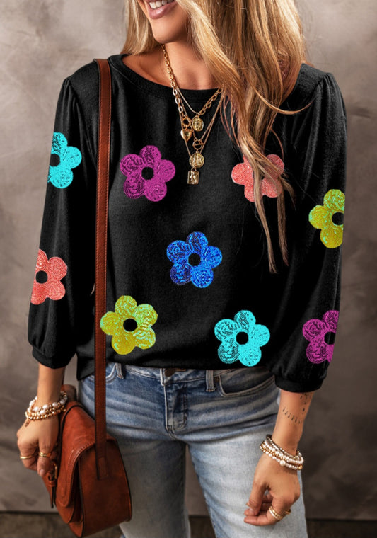 Sequin Floral Puff Sleeve Top Black
