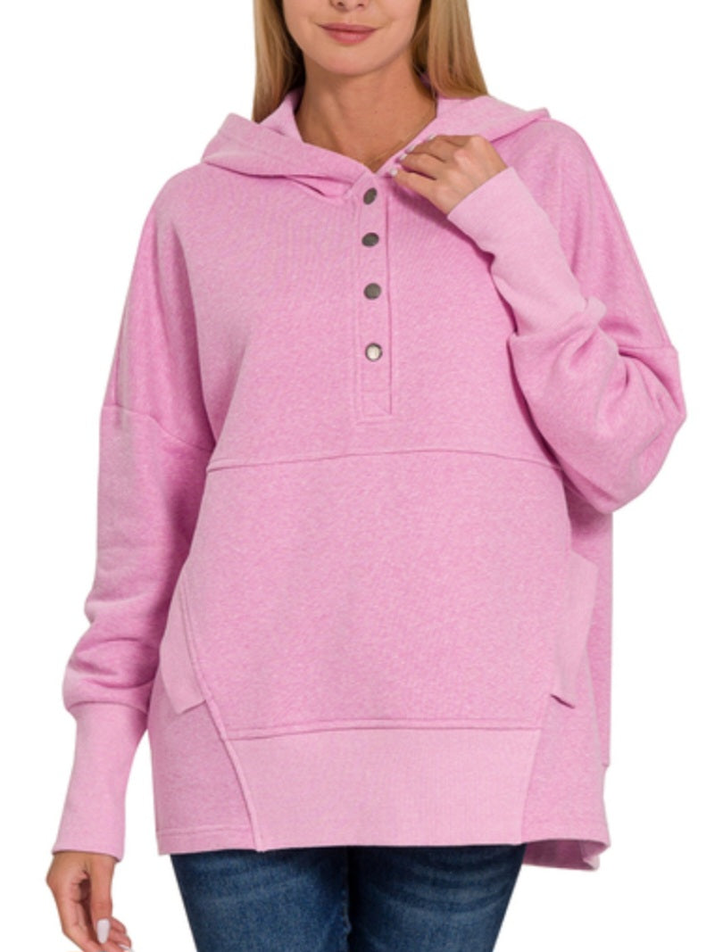 Zenana Half Snap Hooded Pullover Mauve