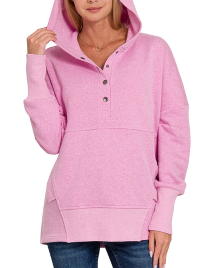 Zenana Half Snap Hooded Pullover Mauve