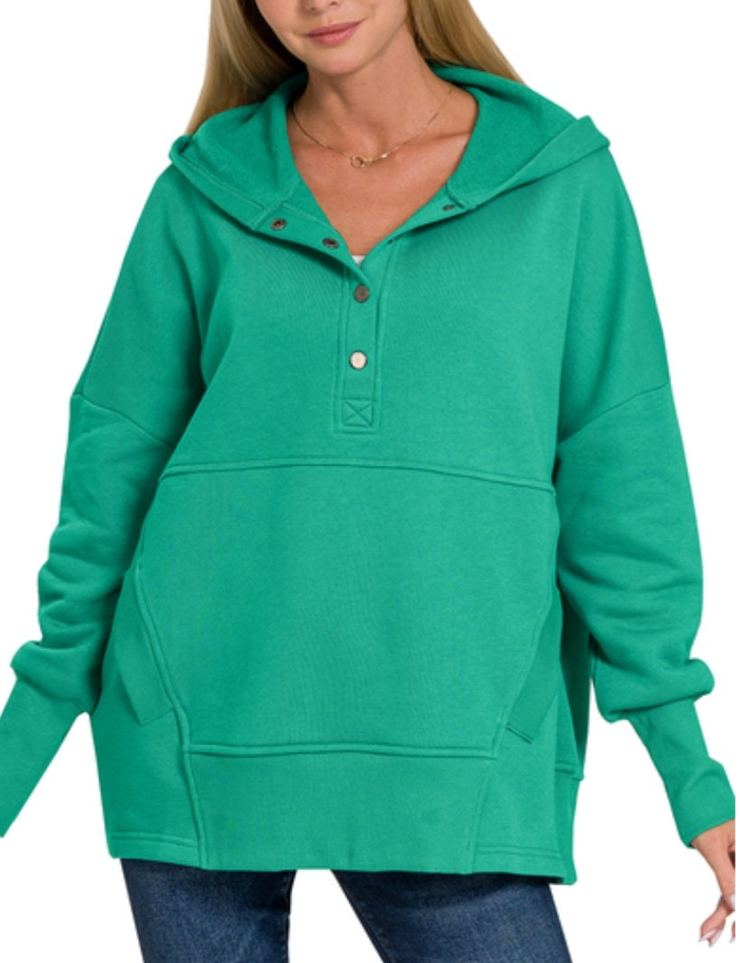 Zenana Half Snap Hooded Pullover Kelly Green