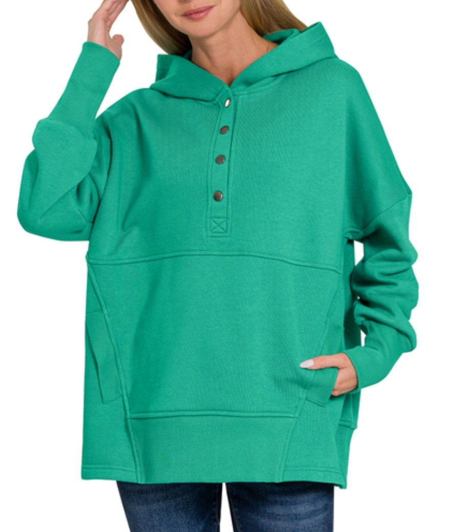 Zenana Half Snap Hooded Pullover Kelly Green