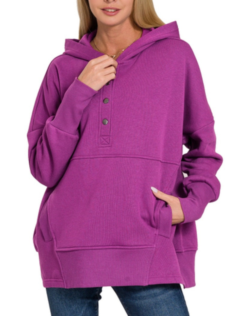 Zenana Half Snap Hooded Pullover Lt Plum