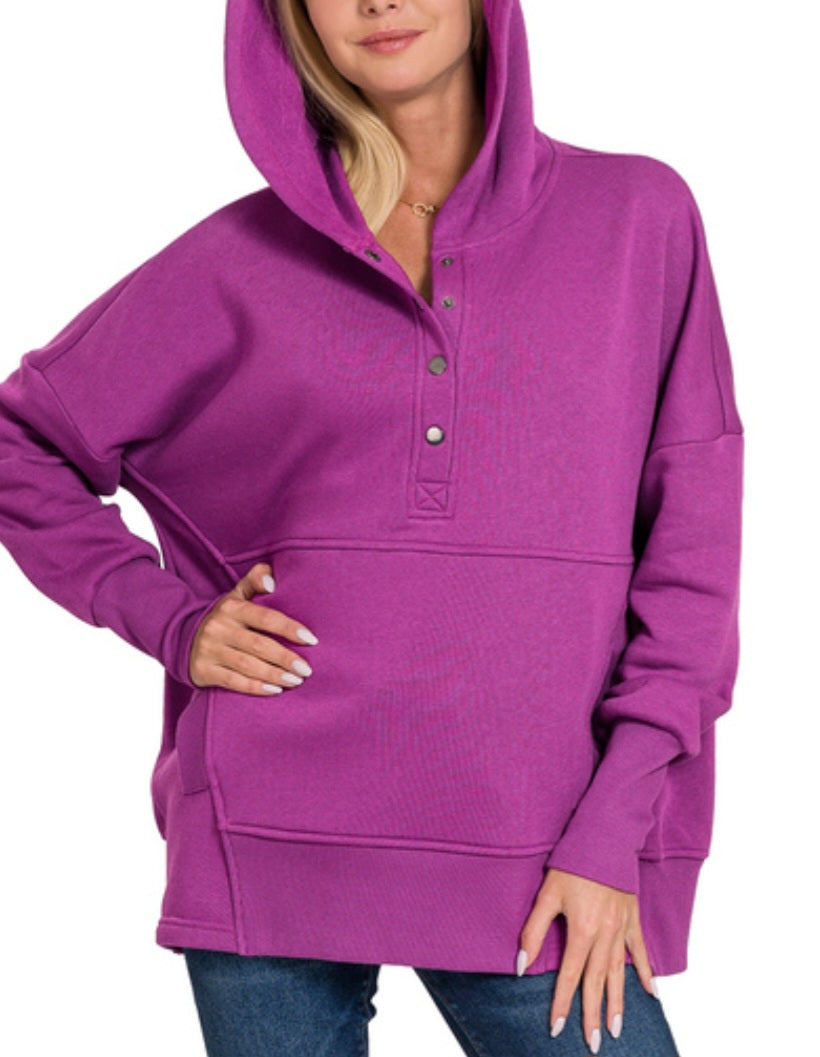 Zenana Half Snap Hooded Pullover Lt Plum