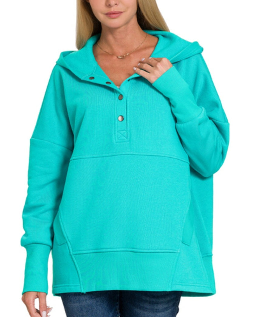 Zenana Half Snap Hooded Pullover Turquoise