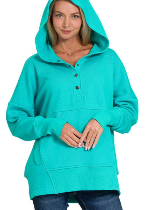 Zenana Half Snap Hooded Pullover Turquoise