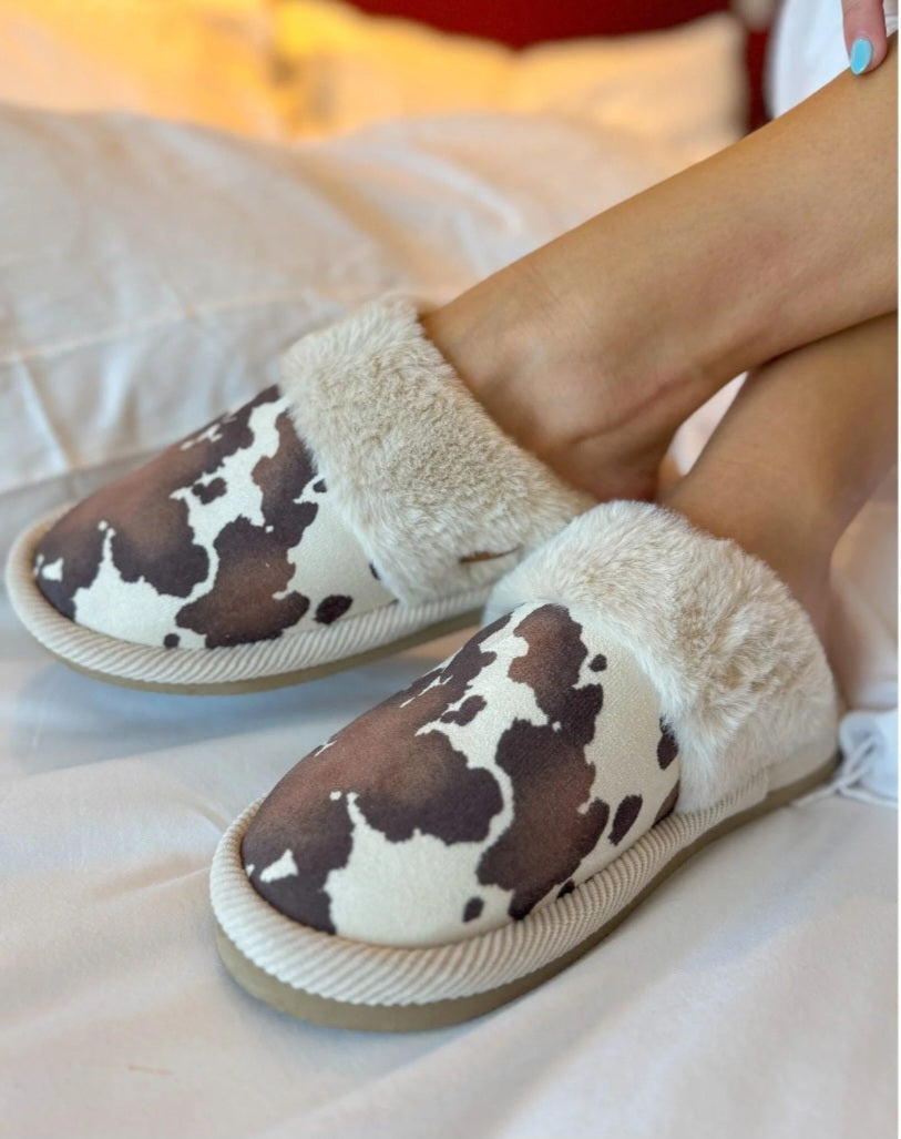 Cow Print Faux Fur C.C Slippers Brown