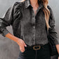 Pleated Sleeve Denim Top Black