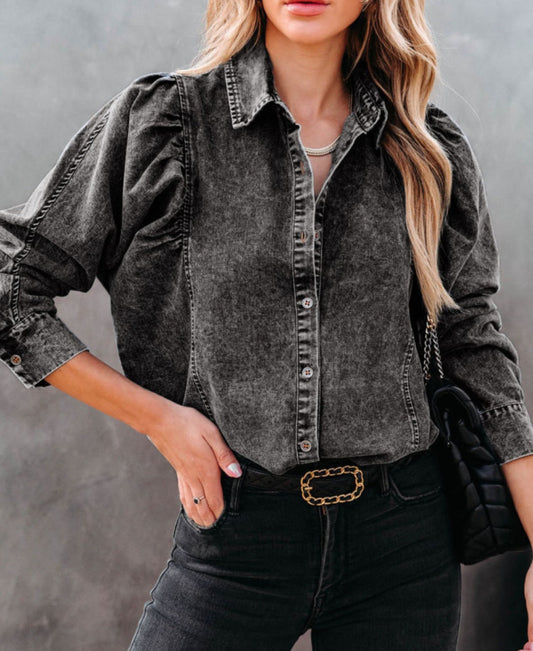Pleated Sleeve Denim Top Black