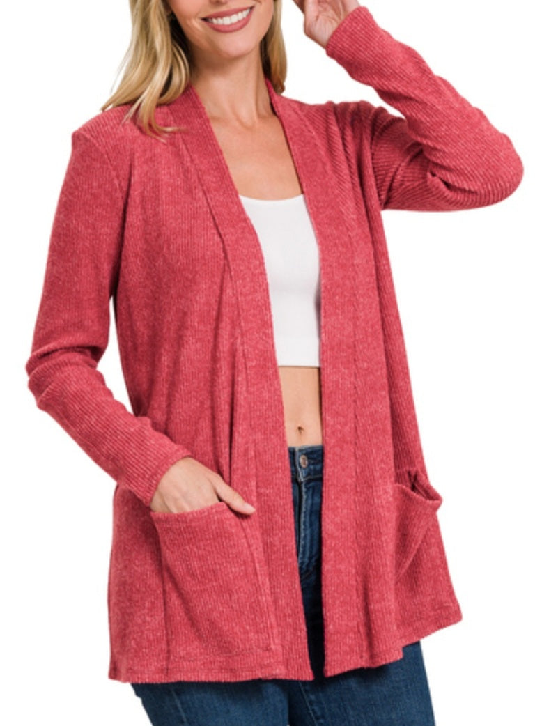 Ribbed Hacci Knit Sweater Cardigan Red