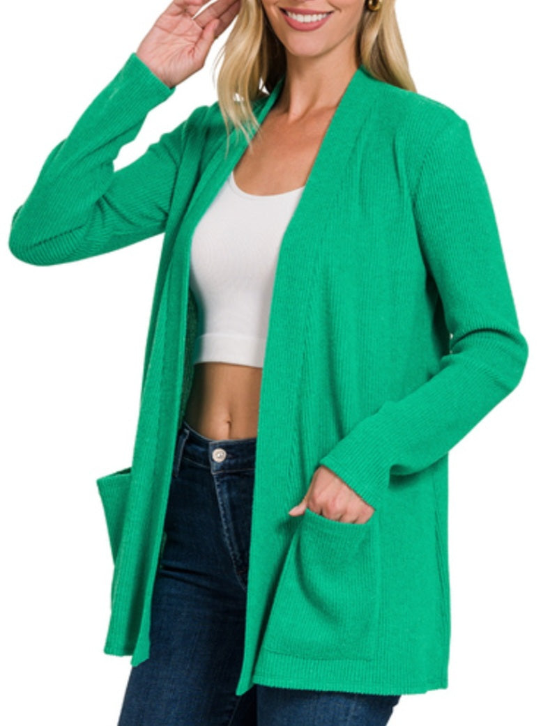 Ribbed Hacci Knit Sweater Cardigan Kelly Green