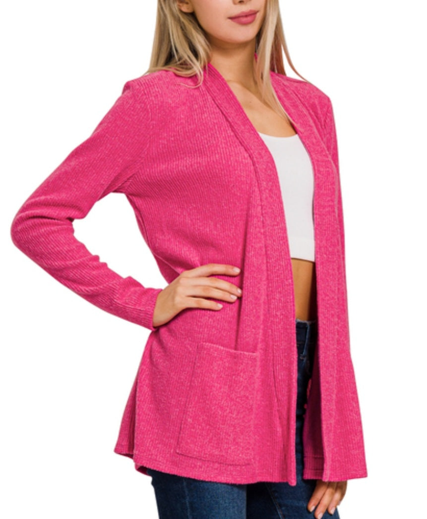 Ribbed Hacci Knit Sweater Cardigan Fuchsia