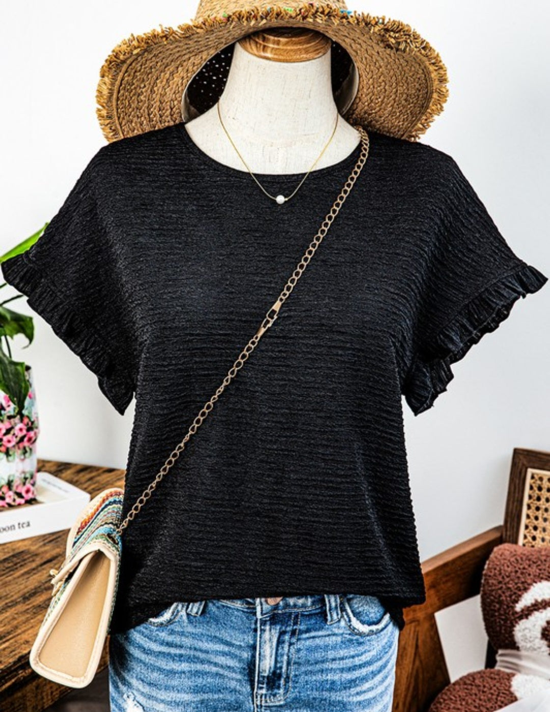Black Textured Ruffle Sleeve Top