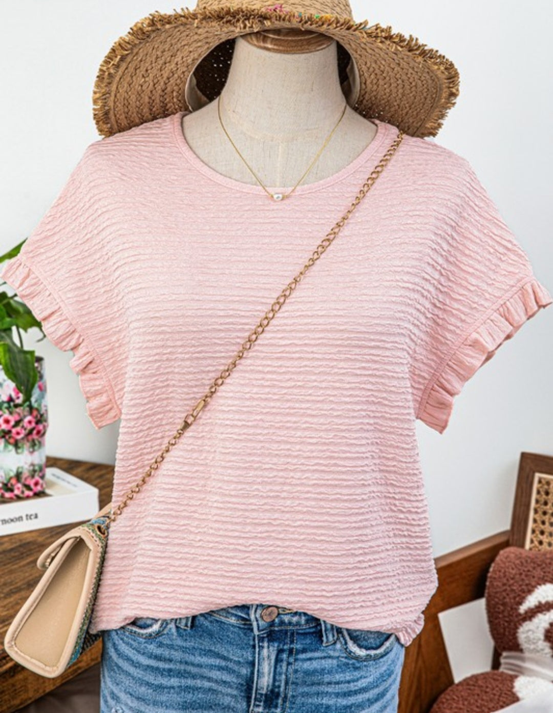 Pink Textured Ruffle Sleeve Top