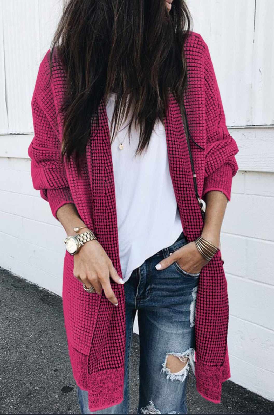 Chunky Honeycomb Cardigan Long Hot Pink