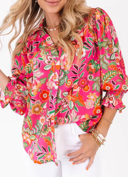 Vintage Floral Pink Smocked Sleeve Blouse